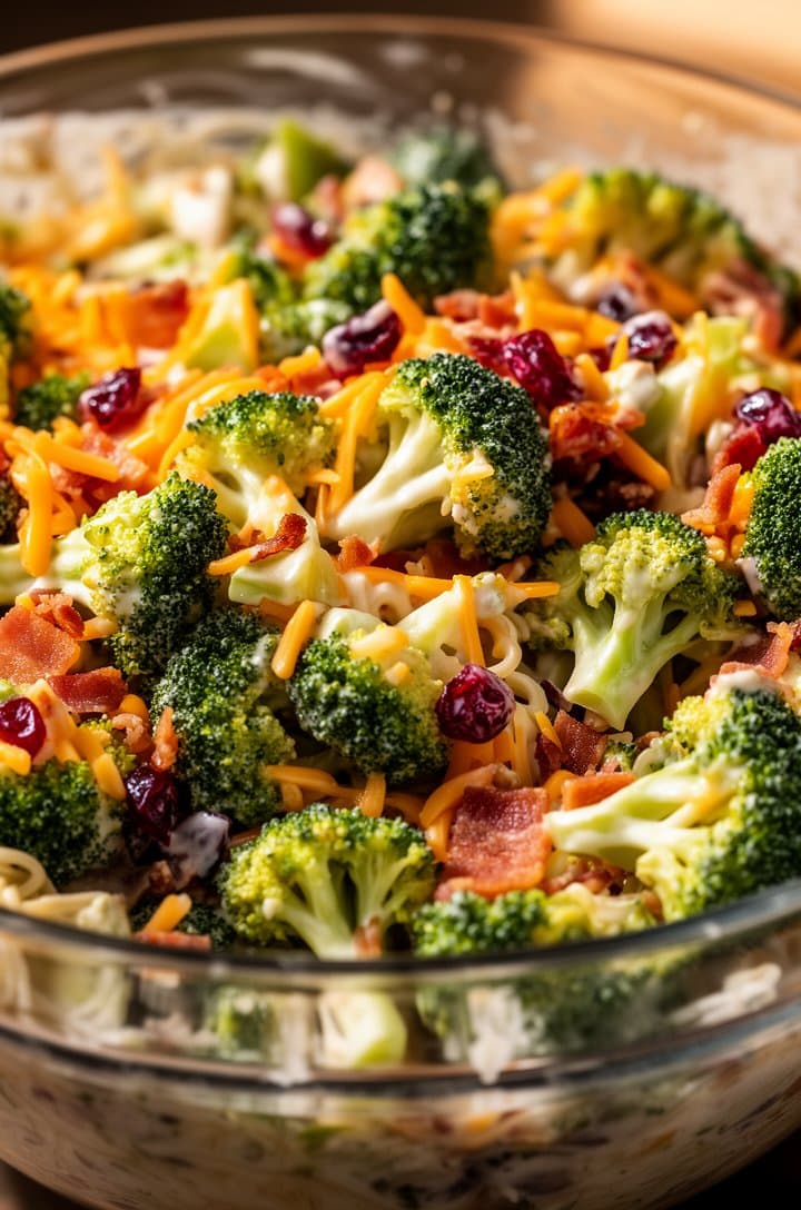 Close-up macro shot of the fully tossed broccoli salad in a large glass bowl, every floret glistening with creamy dressing, orange cheddar shreds and red cranberries and golden bacon visible throughout, shot from a 30-degree angle with warm natural side lighting creating dimension and shadows between the florets, shallow depth of field