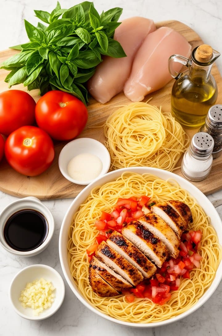 Overhead flat-lay of all bruschetta chicken pasta ingredients arranged on a light marble countertop — whole Roma tomatoes, a bunch of fresh basil, raw chicken breasts on a cutting board, a nest of uncooked angel hair pasta, small prep bowls of minced garlic and balsamic vinegar, olive oil in a glass bottle, kosher salt and pepper mill, bright even natural lighting from above