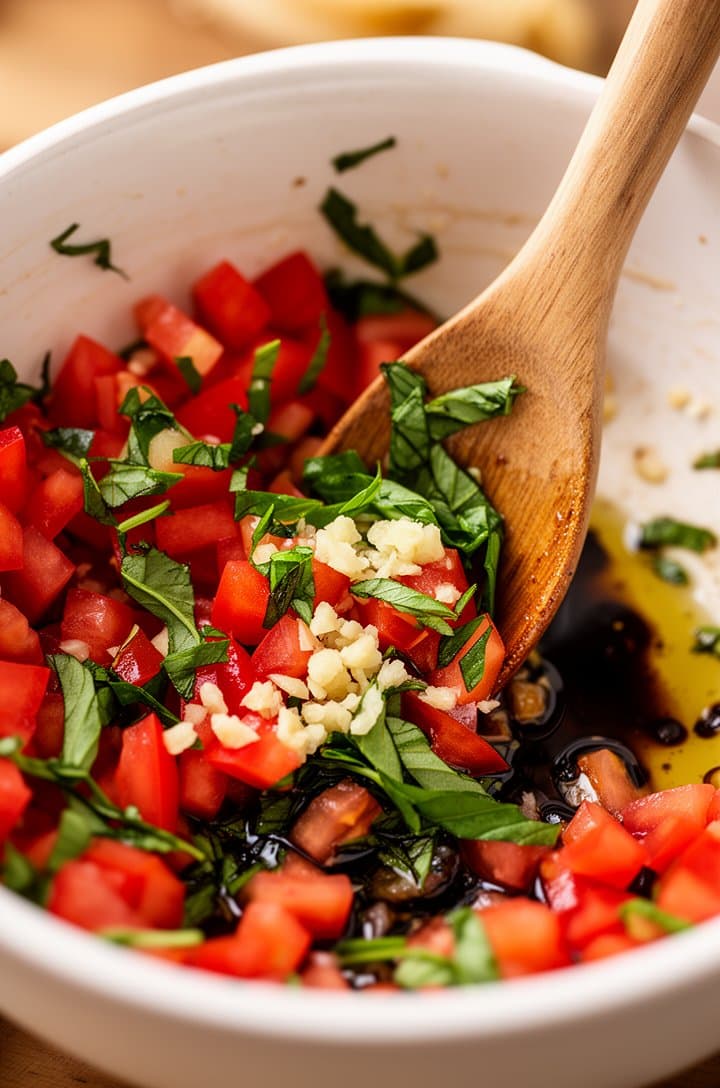 Close-up of diced Roma tomatoes being tossed with torn basil, minced garlic, and balsamic vinegar in a white ceramic mixing bowl, a wooden spoon mid-stir, the mixture glistening with olive oil, vibrant red and green colors, warm side lighting, shallow depth of field