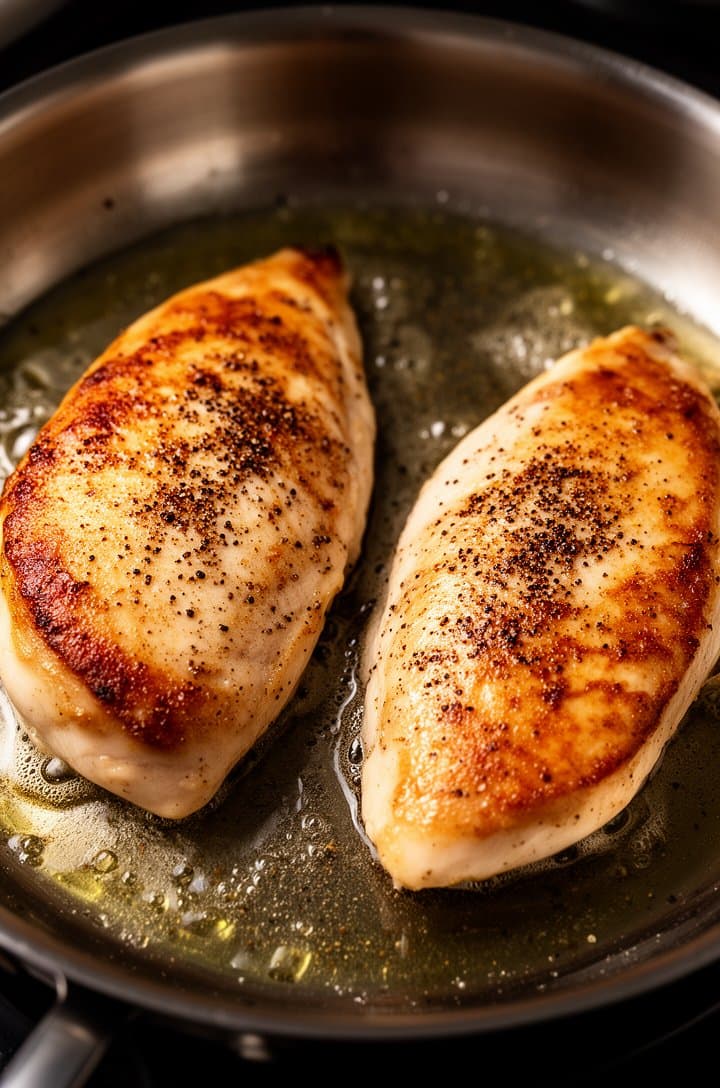 Top-down close-up of two chicken breasts searing in a stainless steel skillet, one breast showing a deep golden-brown crust on the visible side, oil shimmering in the pan, freshly ground black pepper visible on the surface, warm tones, dramatic side lighting