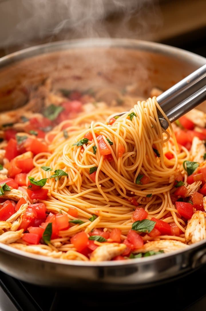 Action shot of angel hair pasta being tossed with the bruschetta tomato mixture in a large stainless steel skillet using tongs, diced tomatoes and basil visible throughout the pasta strands, steam rising, warm kitchen lighting, slightly overhead angle