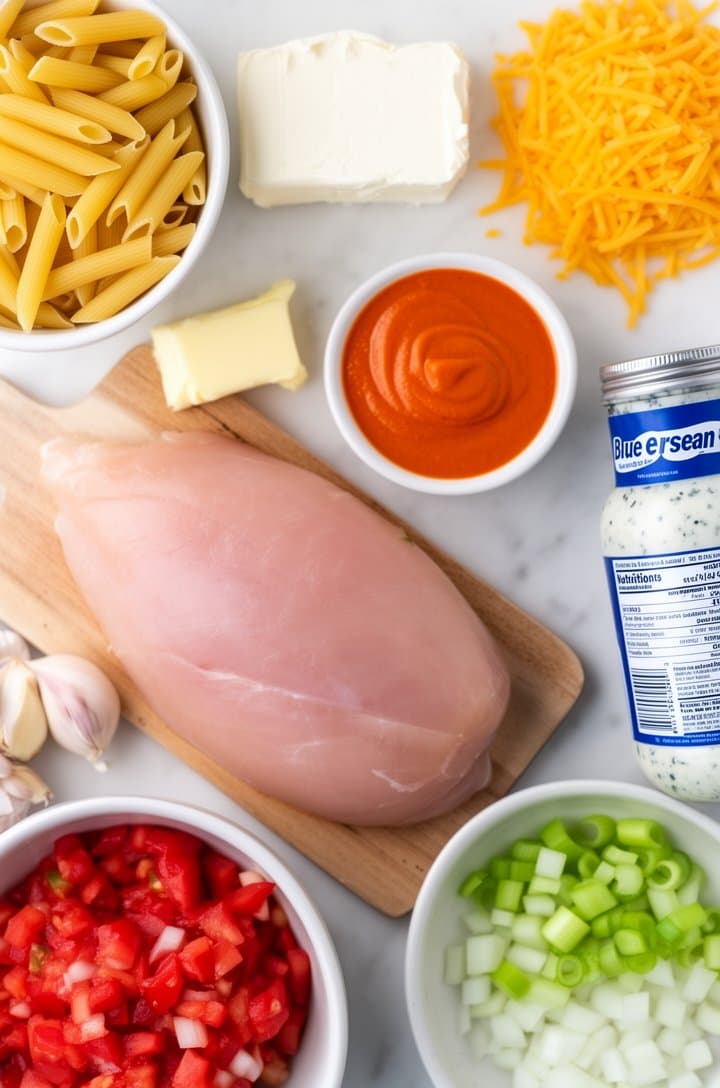 Overhead flat-lay of all buffalo chicken pasta ingredients neatly arranged on white marble: bowl of dry penne, block of cream cheese, pile of shredded cheddar, small bowl of orange buffalo sauce, raw chicken breast on wooden cutting board, can of diced tomatoes, prep bowls with diced onion and celery, garlic cloves, butter, bottle of blue cheese dressing, bright even natural lighting from above