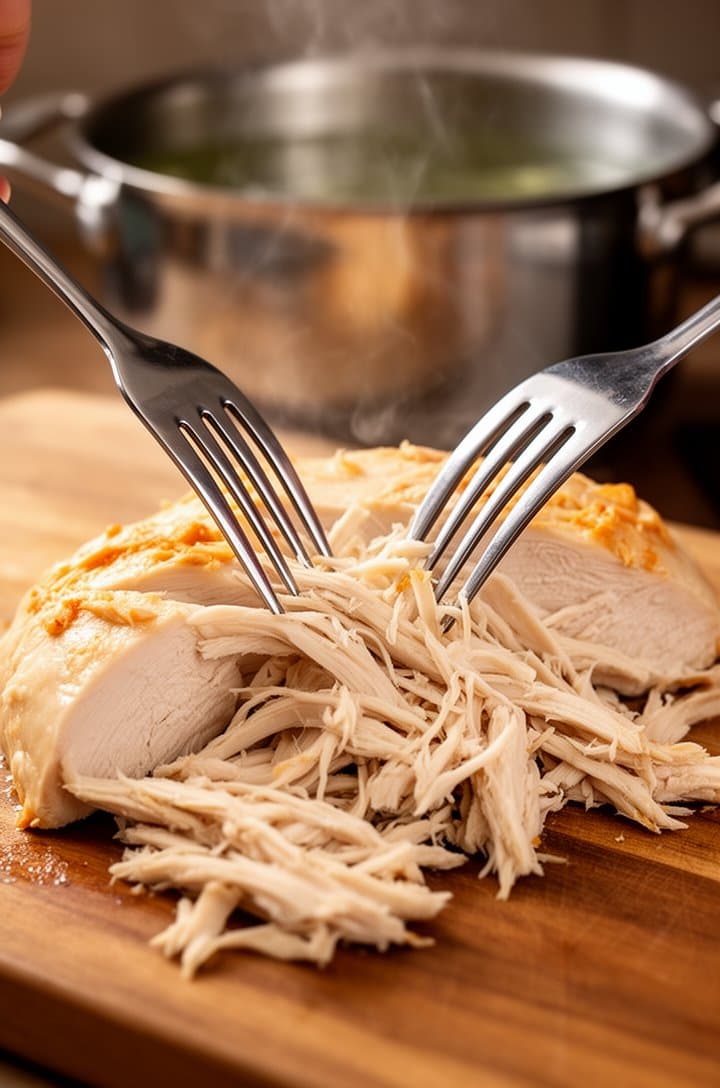 Side-angle close-up of a large chicken breast being shredded with two forks on a wooden cutting board, the meat pulling apart into tender long strands, steam still rising from the freshly boiled chicken, warm kitchen lighting, shallow depth of field with a pot of water blurred in the background