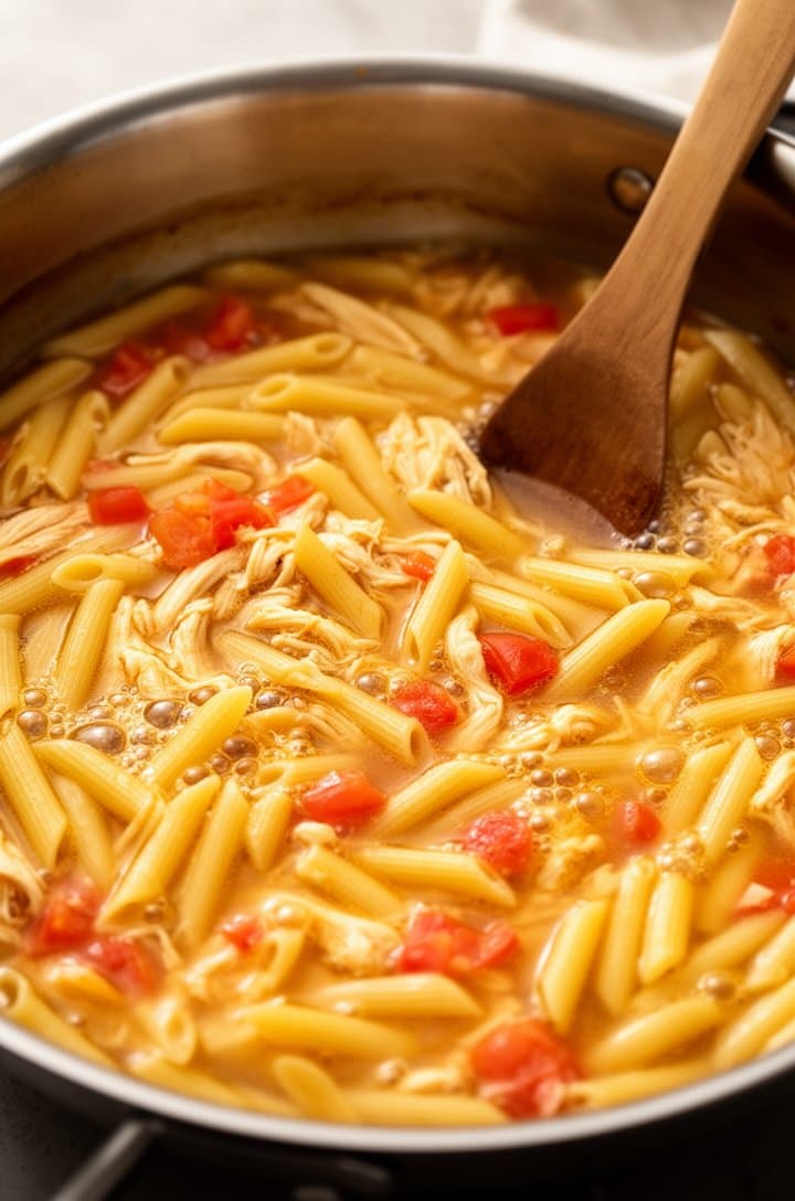 Overhead shot of penne pasta cooking in golden chicken broth with diced tomatoes in a large deep stainless steel skillet, the liquid bubbling gently around the half-submerged pasta, a wooden spoon resting on the rim, warm natural lighting casting soft shadows