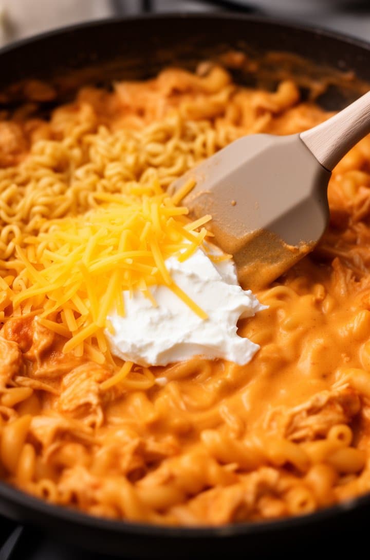 Close-up 45-degree angle of cream cheese and shredded cheddar melting into the hot pasta in the skillet, a silicone spatula folding the cheese through, showing the transition from chunky cheese to smooth creamy orange sauce, rich warm tones, shallow depth of field