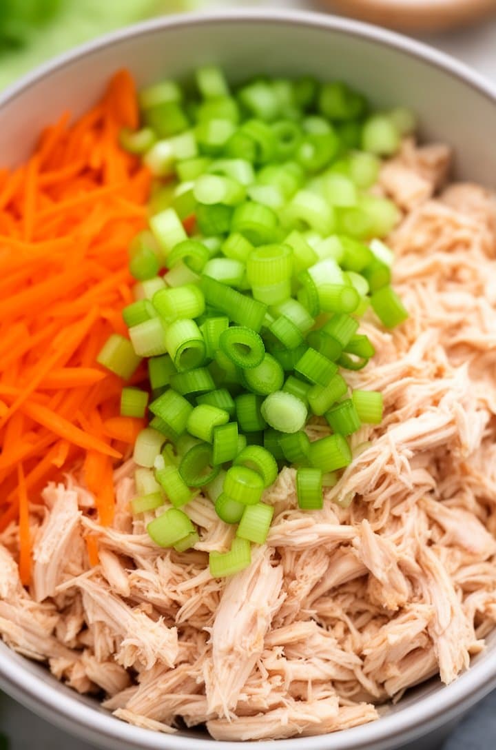 Close-up of diced celery, shredded orange carrots, and thinly sliced green scallions being added to the bowl of shredded chicken, the vegetables bright and fresh against the pale chicken, shot from directly above, natural lighting, clean and colorful composition