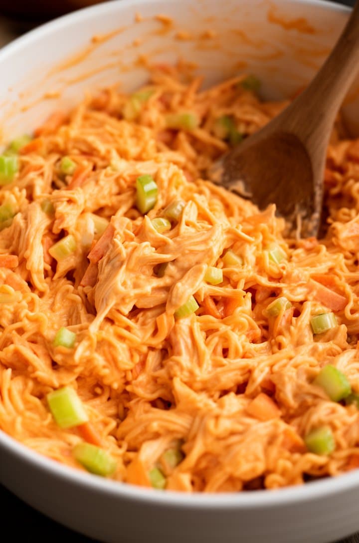 45-degree angle shot of the finished buffalo chicken salad in a large white ceramic bowl, the creamy orange mixture evenly coating the shredded chicken with visible pieces of celery and carrot throughout, a wooden spoon resting in the bowl, warm side lighting creating gentle shadows and highlighting the creamy texture of the dressing