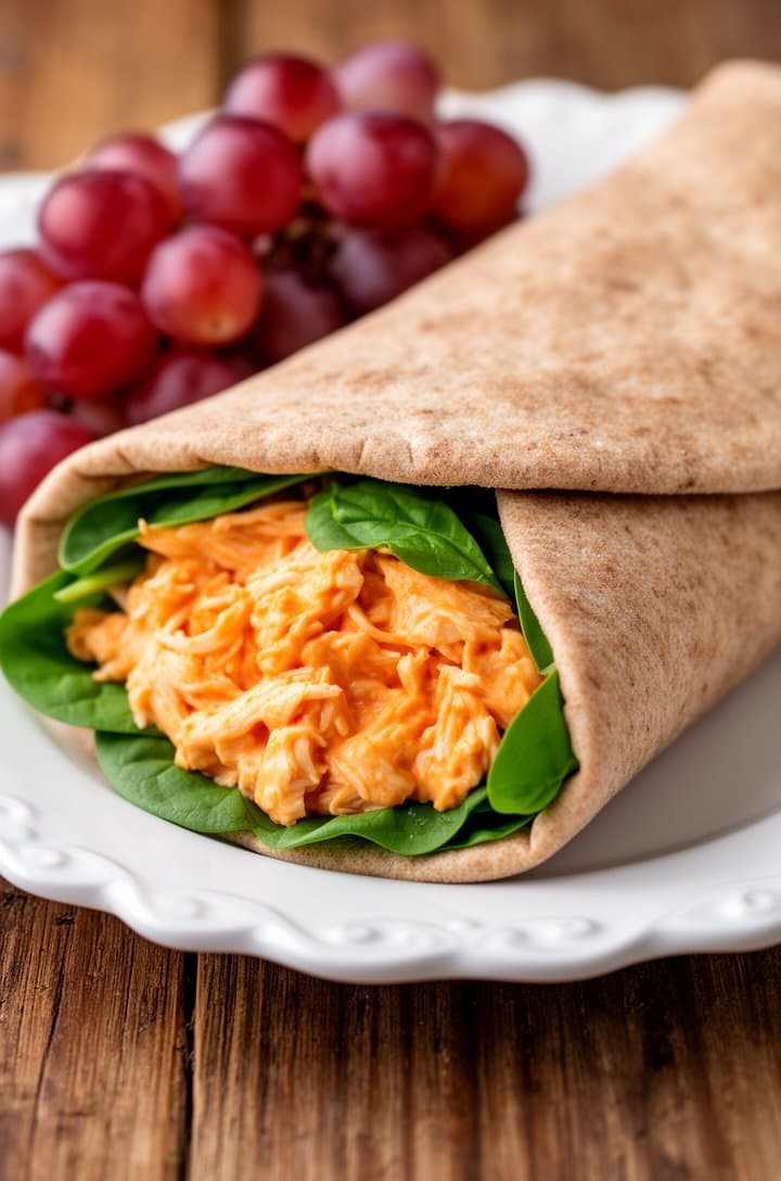 Close-up of buffalo chicken salad stuffed into a folded whole-wheat pita pocket lined with fresh green spinach leaves, the creamy orange filling visible from the open end, the pita sitting on a white scalloped-edge plate with a cluster of red grapes beside it, rustic warm-toned wooden table surface, natural diffused lighting from the right side