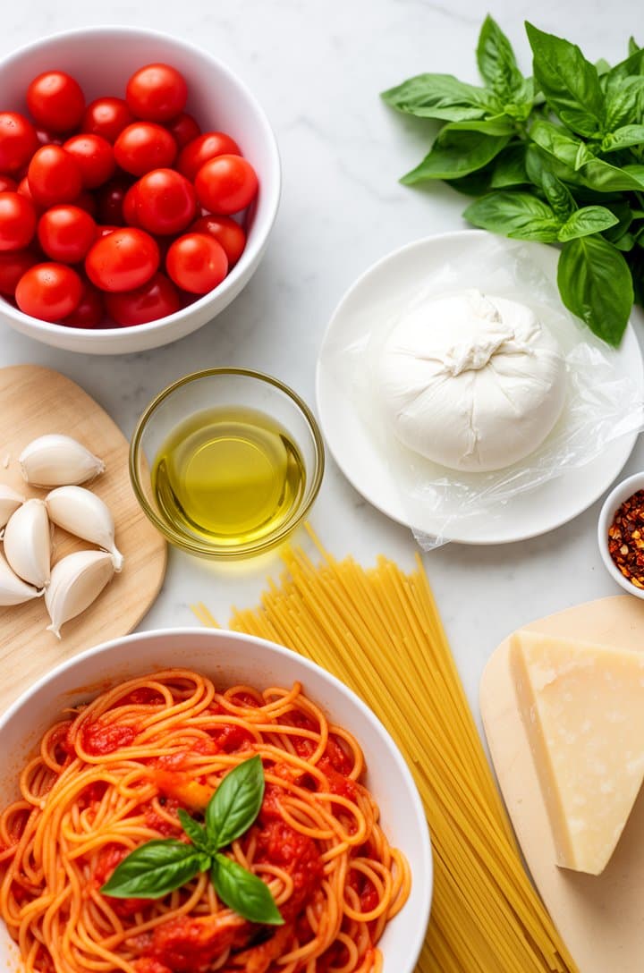 Overhead flat-lay of all ingredients on a light marble countertop: a white bowl of glossy red cherry tomatoes, a ball of burrata cheese in its packaging liquid on a small white plate, six whole garlic cloves on a cutting board, a small glass bowl of extra virgin olive oil, a bundle of dried spaghetti, fresh basil sprigs, a pinch dish of red pepper flakes, and a wedge of parmesan. Bright, even natural lighting from a window, clean minimal styling with plenty of white space