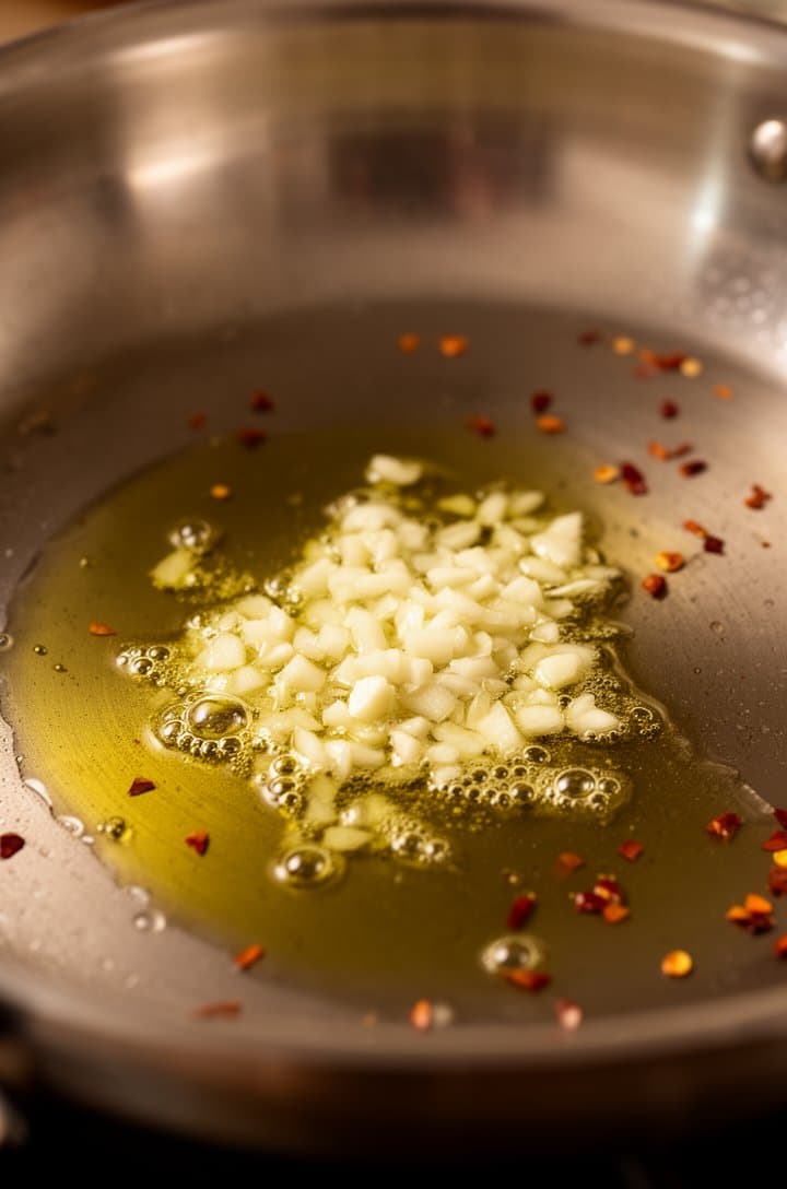 Close-up of minced garlic sizzling gently in olive oil in a large stainless steel skillet, tiny bubbles forming around the garlic pieces, the oil shimmering and just beginning to turn golden around the edges of the garlic, red pepper flakes visible floating in the oil, warm tones, shot from a 30-degree angle with shallow depth of field