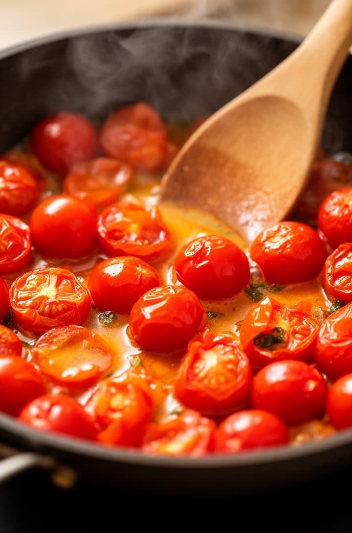 Medium shot of cherry tomatoes in the skillet, halfway through bursting — some still intact and glossy round, others split open with juices running out into the garlic oil creating a orange-red sauce, wooden spoon resting against the skillet edge, steam rising, warm natural side lighting