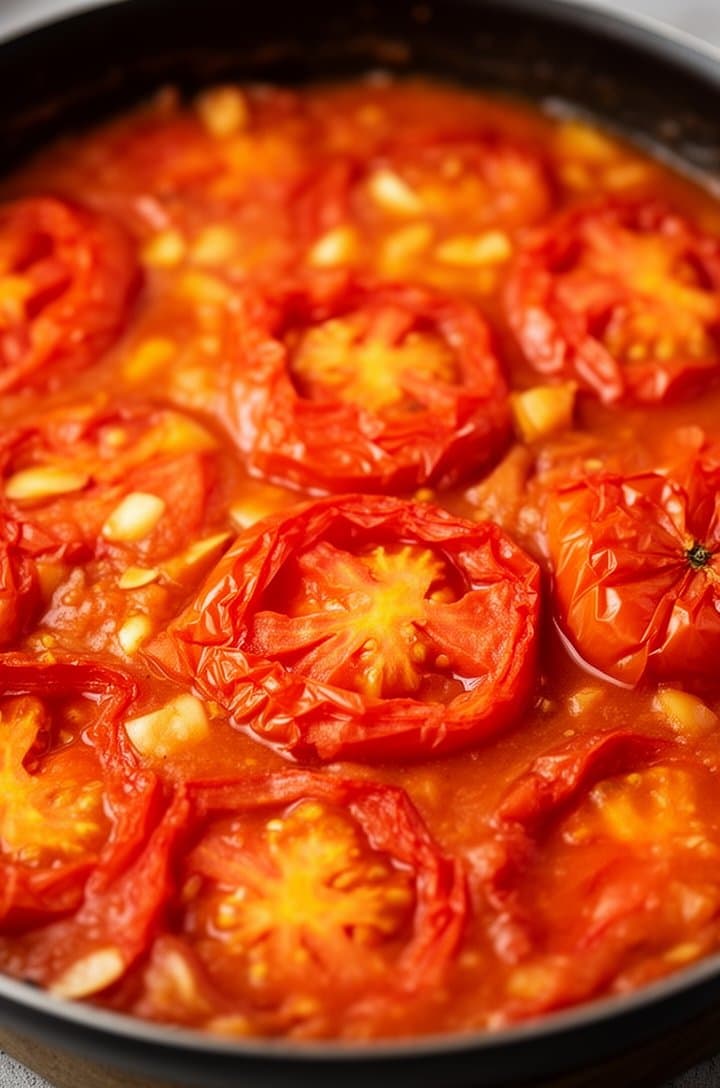 Overhead close-up of fully burst tomatoes in the skillet, collapsed and jammy with skins curling, the sauce thick and glossy with visible garlic pieces, rich orange-red color, the skillet filling most of the frame, professional food photography lighting