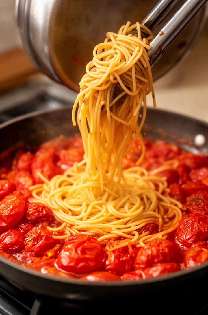 Action shot from a 45-degree angle of drained spaghetti being added to the skillet of burst tomatoes with tongs, pasta mid-air between pot and pan, sauce splashing slightly, dynamic composition, warm kitchen lighting