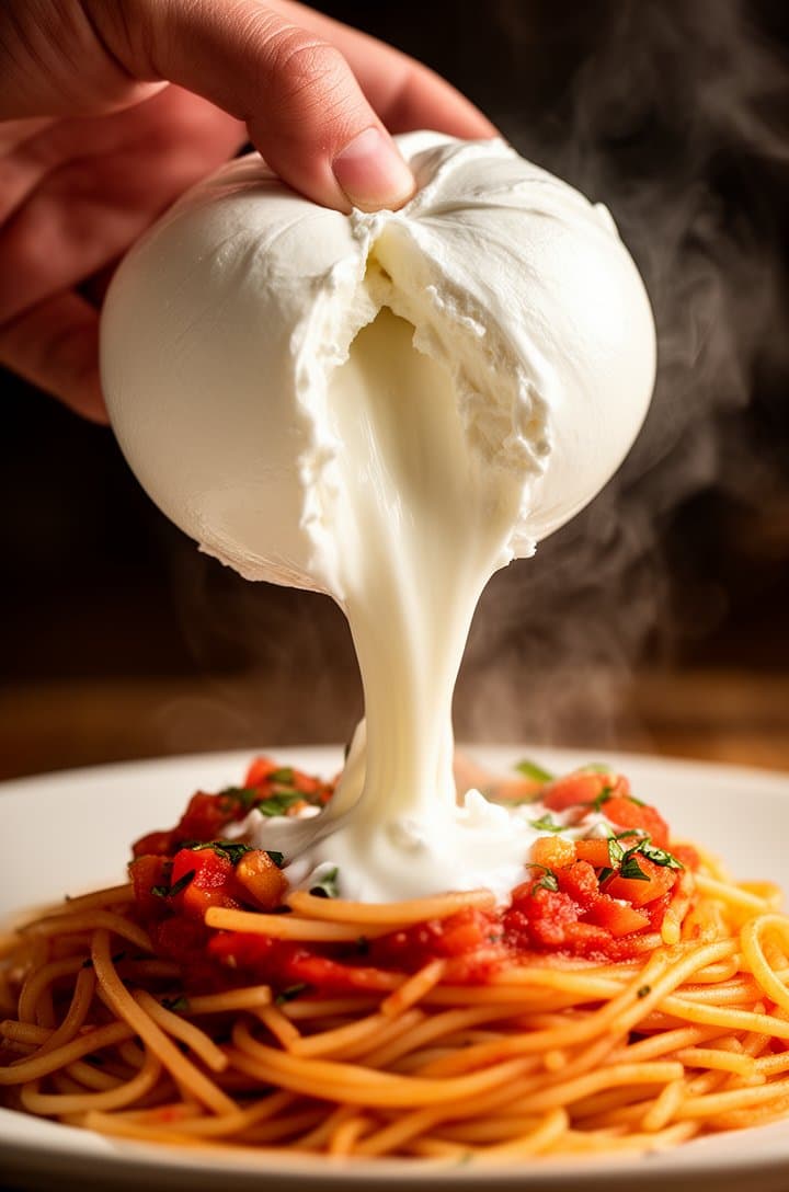 Extreme close-up of a hand tearing open a ball of fresh burrata cheese over the hot pasta, the creamy white stracciatella interior stretching and beginning to spill out onto the spaghetti below, steam rising from the hot pasta, shallow depth of field focused on the tearing point, dramatic warm side lighting