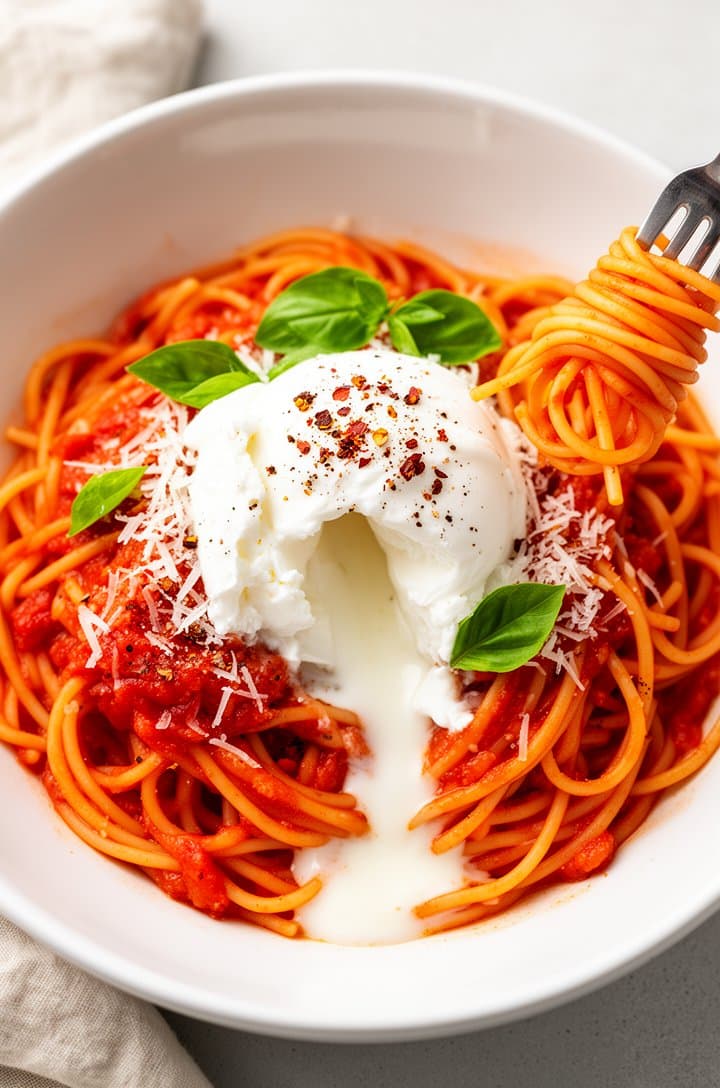 Final plated overhead shot of burrata pasta in a shallow white ceramic bowl, spaghetti coated in glossy burst tomato sauce, torn burrata melting in the center with its cream pooling into the noodles, fresh basil leaves, crushed red pepper flakes, and grated parmesan on top, a fork twirling pasta at the edge, bright natural light, light neutral background with a linen napkin corner visible