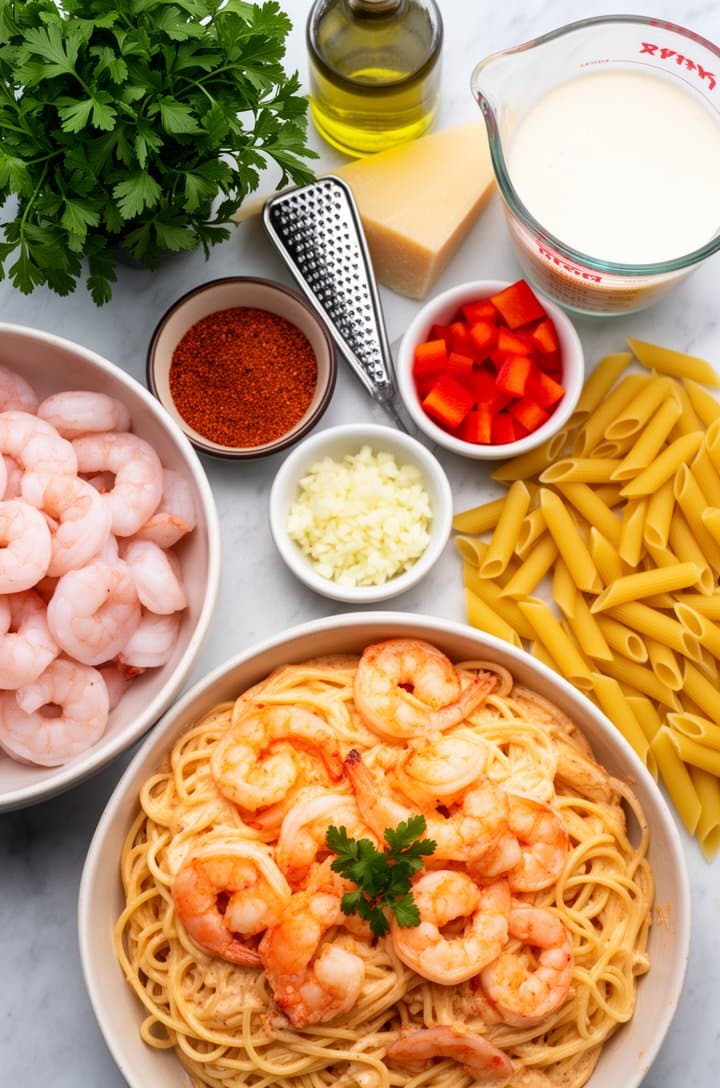 Overhead flat-lay of all ingredients arranged on a light marble surface — a bowl of raw pink shrimp beside a small ceramic dish of deep red-orange Cajun seasoning, block of Parmesan with a fine grater, diced red bell pepper and minced garlic in small prep bowls, a glass measuring cup of heavy cream, pile of dried penne pasta, fresh parsley bunch, and olive oil bottle. Bright even natural light from above, clean minimalist food styling.