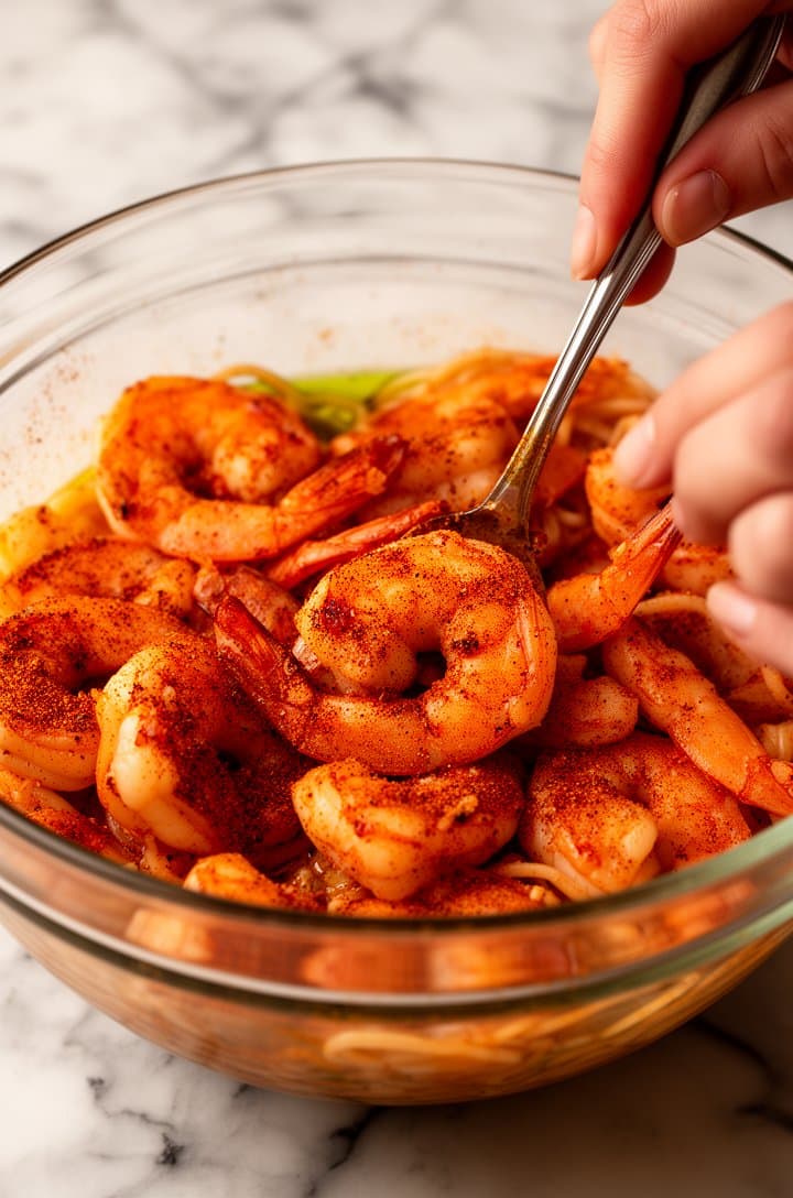 Close-up shot of raw shrimp being tossed in a glass bowl with Cajun seasoning and olive oil, hands visible mixing with a spoon, the shrimp turning deep orange-red as the seasoning coats them evenly, warm side lighting, shallow depth of field with the marble countertop blurred behind.