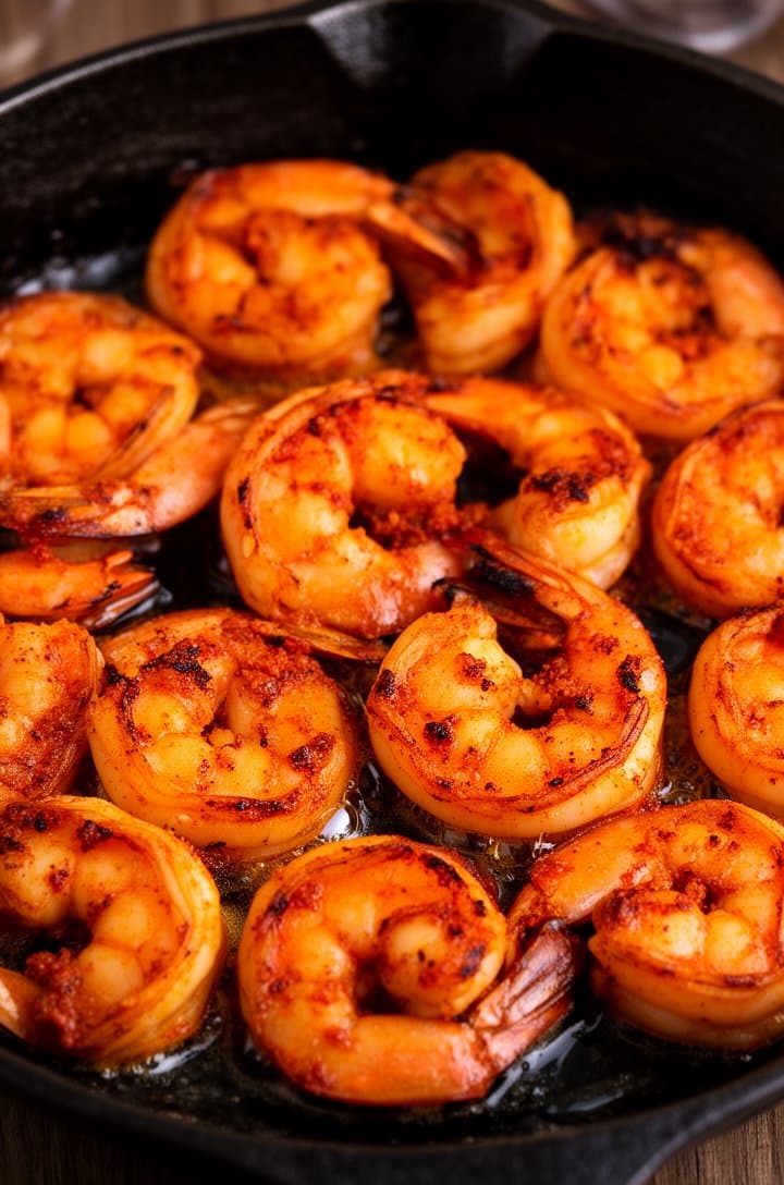 Top-down close-up of Cajun-spiced shrimp searing in a single layer in a dark cast iron skillet, each shrimp showing golden-brown charred spots and deep orange seasoning crust, oil shimmering between the pieces, dramatic warm lighting highlighting the caramelization, the skillet filling most of the frame.