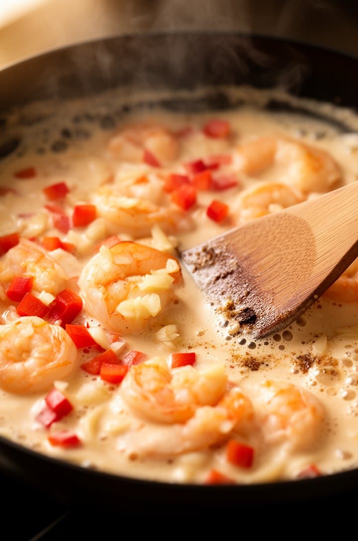 Side-angle medium shot of the cream sauce simmering in the skillet with diced red bell pepper pieces and minced garlic visible, cream bubbling gently at the edges, a flat wooden spoon scraping browned bits from the pan bottom, warm kitchen lighting from the left creating soft shadows, steam rising.