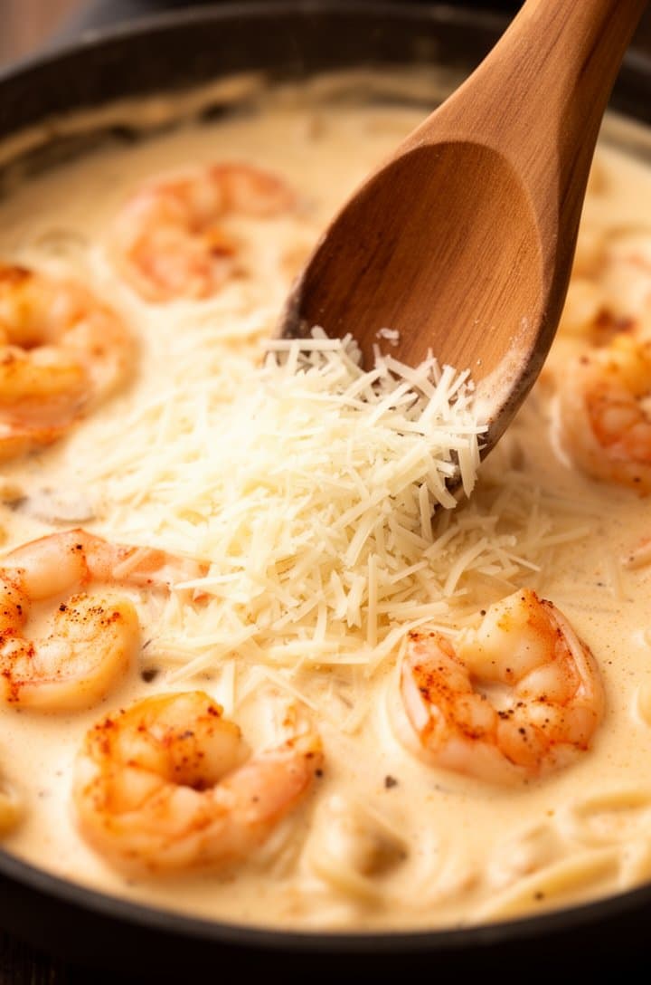 Overhead close-up of grated Parmesan being stirred into the cream sauce with a wooden spoon, the cheese melting into a thick velvety texture, Cajun spice flecks visible throughout the sauce, the skillet edge framing the shot, warm tones throughout.