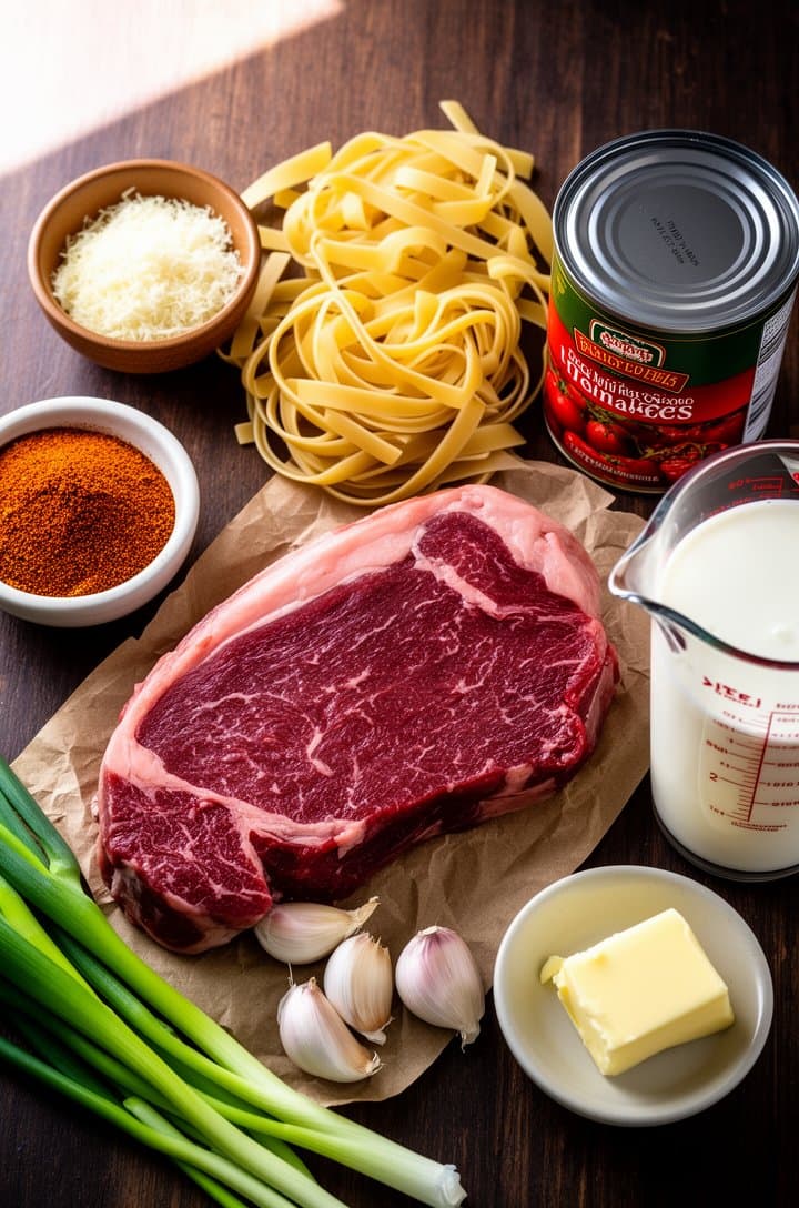 Overhead flat-lay of all cajun steak pasta ingredients arranged on a dark wood surface: a thick raw sirloin steak on butcher paper, small bowls of cajun seasoning and grated parmesan, dried pappardelle in a loose nest, a can of fire-roasted tomatoes, a measuring cup of heavy cream, whole garlic cloves, green onions, and a dish of butter, bright natural window lighting from the top left casting soft shadows
