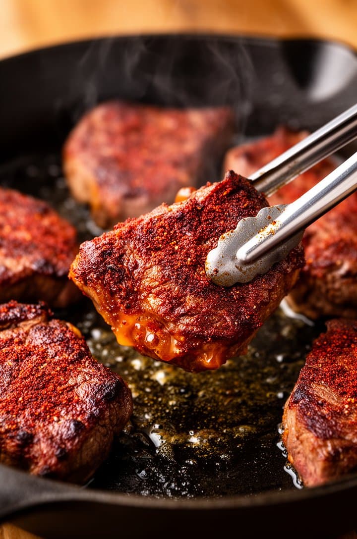 Close-up side angle of seasoned steak pieces in a screaming hot black cast iron skillet, deep reddish-brown cajun crust forming on the seared surfaces, oil shimmering around the meat, tongs gripping one piece showing the caramelized bottom, fond developing on the pan surface, dramatic warm lighting with visible heat shimmer