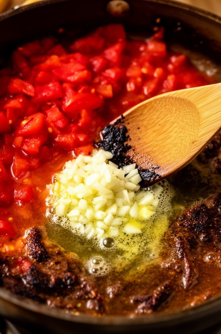 Overhead close-up of the skillet with minced garlic sizzling in melted butter, fire-roasted diced tomatoes just poured in with their ruby-red juices, a splash of chicken broth loosening the browned fond from the pan bottom, wooden spoon scraping the dark bits, warm golden tones from side lighting