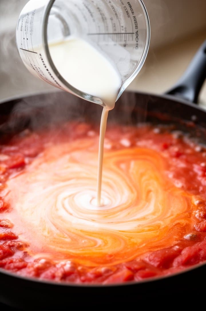 Side angle shot of heavy cream being poured from a glass measuring cup into the simmering tomato mixture in the skillet, the white cream swirling into the red sauce creating a beautiful orange-pink marbled effect, steam rising, with the skillet handle visible on the right side, soft natural lighting