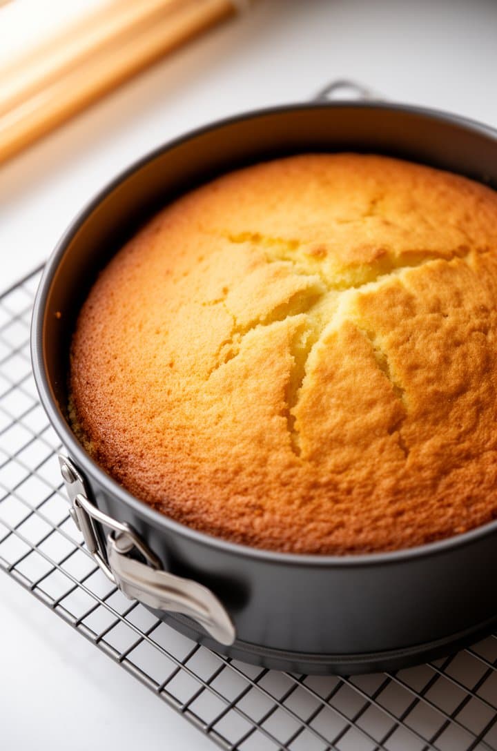 Overhead flat-lay of a freshly baked golden vanilla cake still in the 9-inch springform pan, sitting on a wire cooling rack. The cake surface is slightly domed with a few small cracks, golden-brown color. Clean white countertop beneath the rack, soft warm natural lighting from a window to the left, shallow depth of field