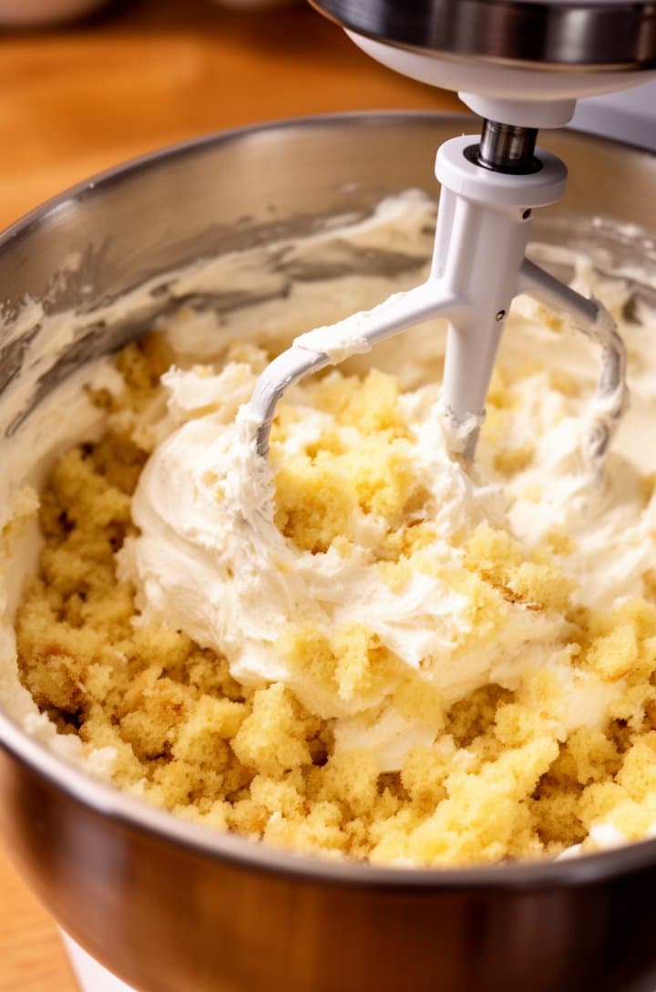 Close-up of a stand mixer bowl containing crumbled vanilla cake mixed with white buttercream frosting, showing the texture — moist and clumpy like wet sand, some larger cake pieces still visible. The paddle attachment rests in the bowl. Shot from a 45-degree angle, warm kitchen lighting, wooden countertop background blurred