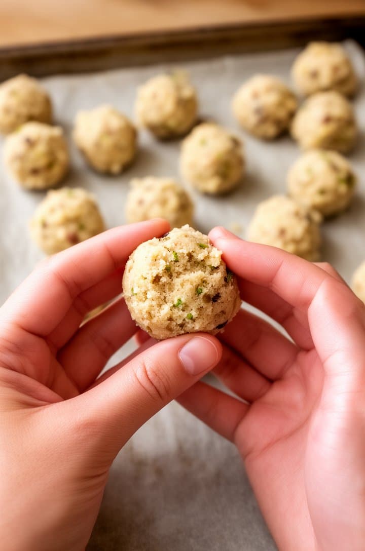Side-angle shot of hands rolling a small portion of cake-frosting mixture into a smooth ball between palms, a parchment-lined baking sheet in the background with several already-rolled cake balls in neat rows. Natural side lighting, focus on the hands and the ball being formed, warm skin tones