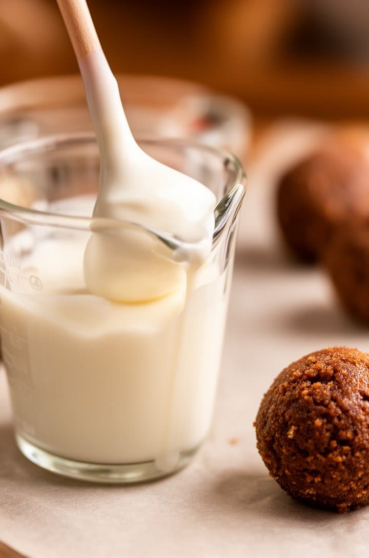 Close-up of a lollipop stick being dipped about half an inch into melted white candy coating in a narrow glass measuring cup, the coating smooth and glossy. A chilled cake ball sits on parchment paper nearby, ready to be attached. Shot from the side at eye level, warm lighting, shallow depth of field