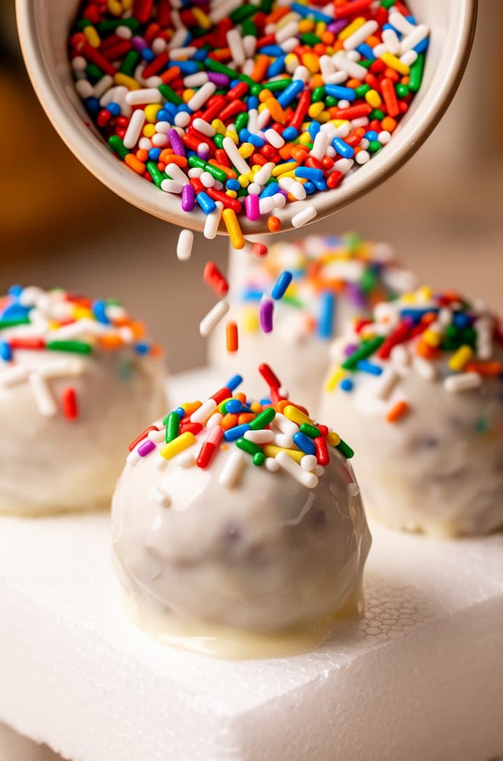 Action shot from above of rainbow sprinkles being shaken from a small bowl onto a freshly dipped white-coated cake pop, the coating still wet and shiny. The sprinkles are caught mid-air, some already landed on the surface. A styrofoam block holds two already-decorated cake pops in the background. Bright cheerful lighting, playful composition