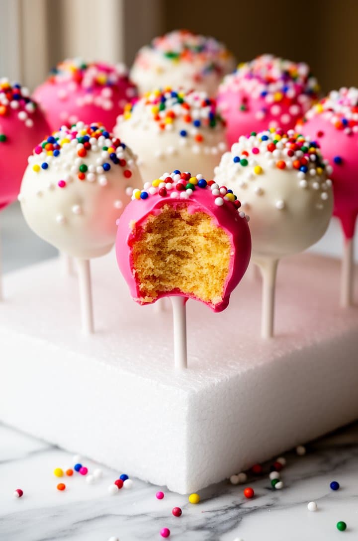 Final beauty shot at a 30-degree angle of a dozen finished cake pops standing upright in a white styrofoam block, alternating white and pink coatings with rainbow sprinkles and white pearl sprinkles. One in the front has a clean bite taken out revealing the golden cake crumb interior. Soft natural window lighting, marble surface, a few loose sprinkles scattered around the base, professional food blog styling
