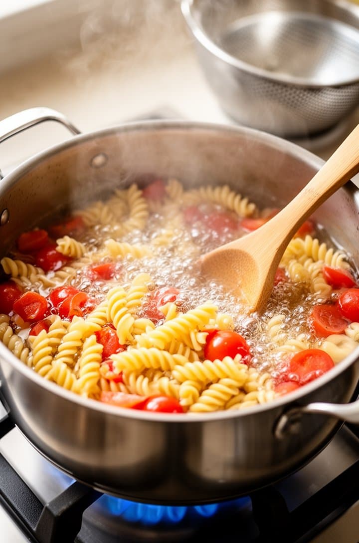 Overhead shot of a large pot of boiling salted water with fusilli pasta tumbling in the rolling boil, steam rising, wooden spoon resting across the pot rim, bright kitchen lighting from above, stainless steel pot on a gas burner with blue flame barely visible, a colander waiting on the counter in the soft background