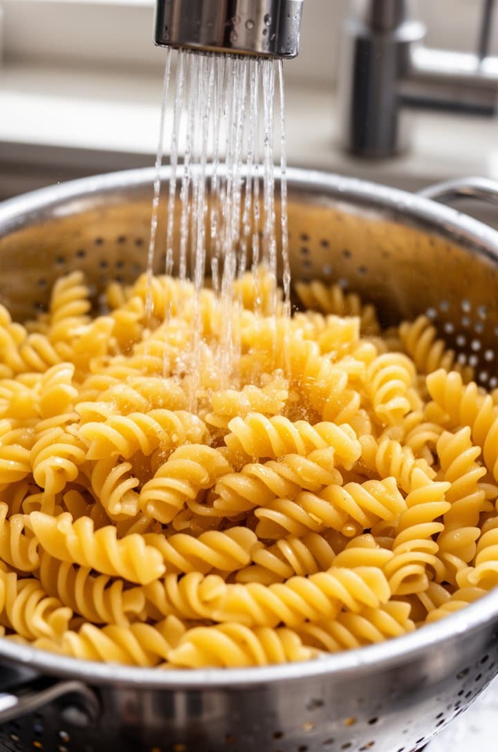Close-up 45-degree angle of cooled fusilli pasta being drained in a stainless steel colander under running cold water from a kitchen faucet, water streaming through the pasta spirals, individual pieces of pasta glistening with water droplets, bright natural kitchen lighting, shallow depth of field focusing on the pasta texture
