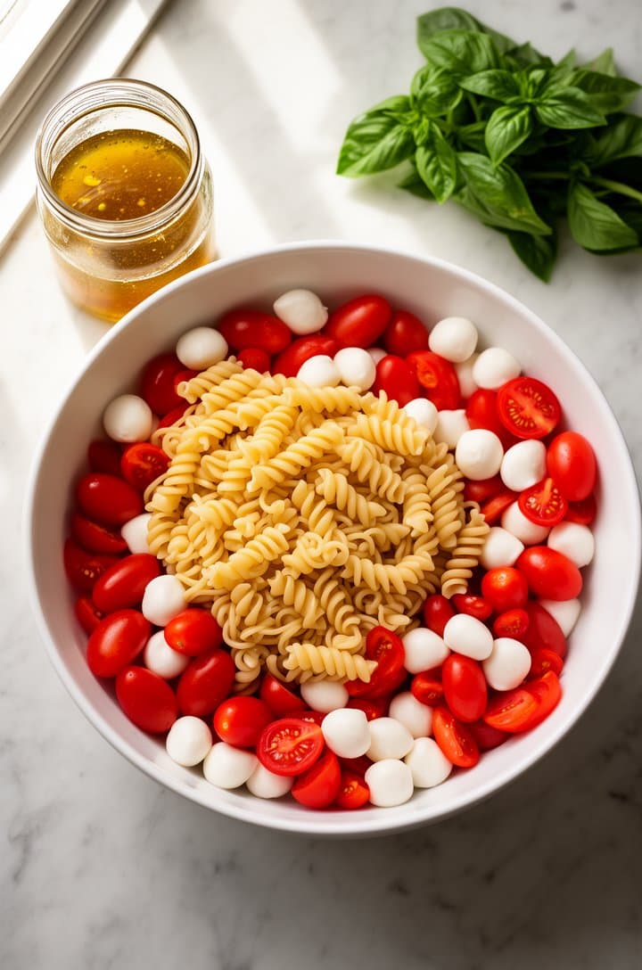 Overhead flat-lay of a large white mixing bowl with halved bright red cherry tomatoes and white mozzarella pearls arranged together, the cooled fusilli pasta just added on top before tossing, a glass jar of golden vinaigrette beside the bowl ready to pour, fresh basil sprig on the marble counter, natural window light from the left casting soft shadows