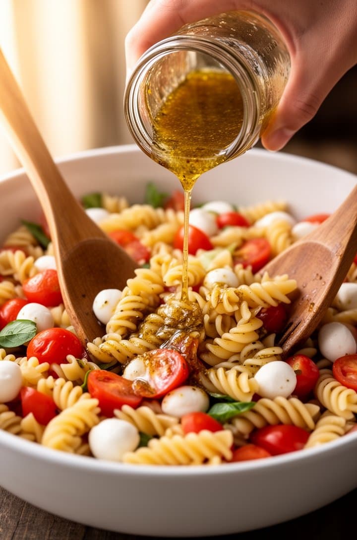 Action shot from a 30-degree angle of the vinaigrette being poured from a mason jar over the pasta salad in a large white bowl, the golden dressing streaming onto the fusilli, tomatoes, and mozzarella, a hand holding the jar, wooden serving utensils in the bowl mid-toss, warm natural side lighting, the salad components beginning to glisten as the dressing coats them