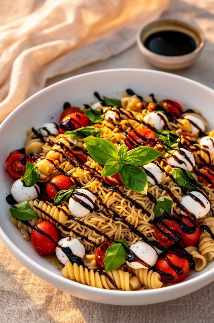 Finished caprese pasta salad in a large shallow white serving bowl shot from a 20-degree overhead angle, every component coated in shimmering vinaigrette, dark balsamic glaze drizzled in thin artistic lines across the top, freshly torn bright green basil leaves scattered as final garnish, a linen napkin and small bowl of extra balsamic glaze in the blurred background, golden hour warm side lighting creating long soft shadows, styled for a summer outdoor table setting
