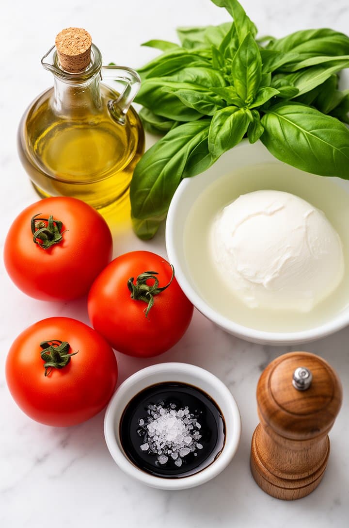 Overhead flat-lay of all caprese salad ingredients neatly arranged on a white marble surface — three whole ripe red tomatoes, a ball of fresh mozzarella in milky liquid, a bunch of bright green basil, a glass cruet of golden olive oil, a small bowl of dark balsamic glaze, flaky sea salt in a pinch bowl, and a pepper grinder, bright even natural lighting from above, clean minimalist food styling