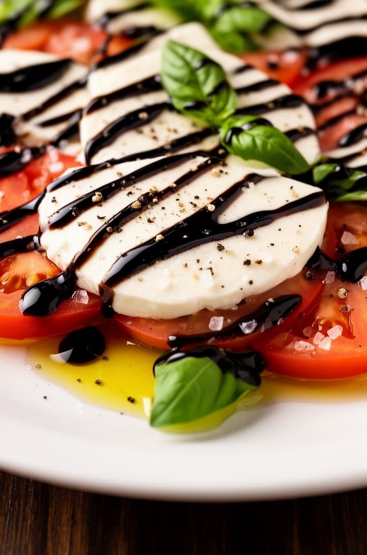 Tight close-up of the finished caprese salad on a white platter — thick glossy dark balsamic glaze drizzled in zigzag lines over the layered tomato and mozzarella slices, golden olive oil pooling between layers, whole basil leaves peeking out, coarse salt crystals and cracked pepper visible on the mozzarella surface, warm side lighting creating soft shadows, shot from 10 inches at a slight angle, dark walnut wood background
