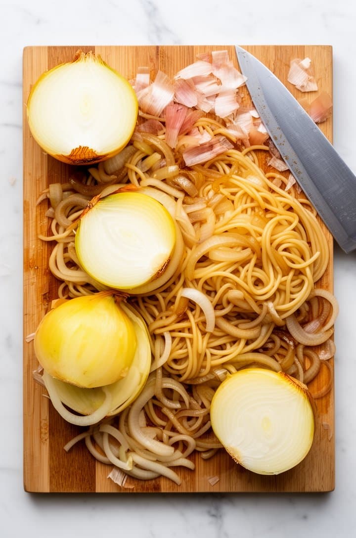Overhead flat-lay of four large yellow onions halved and sliced into thin half-moons spread across a wooden cutting board, a chef's knife resting to the side, onion skins scattered, bright even natural lighting on a white marble countertop, clean and minimal composition