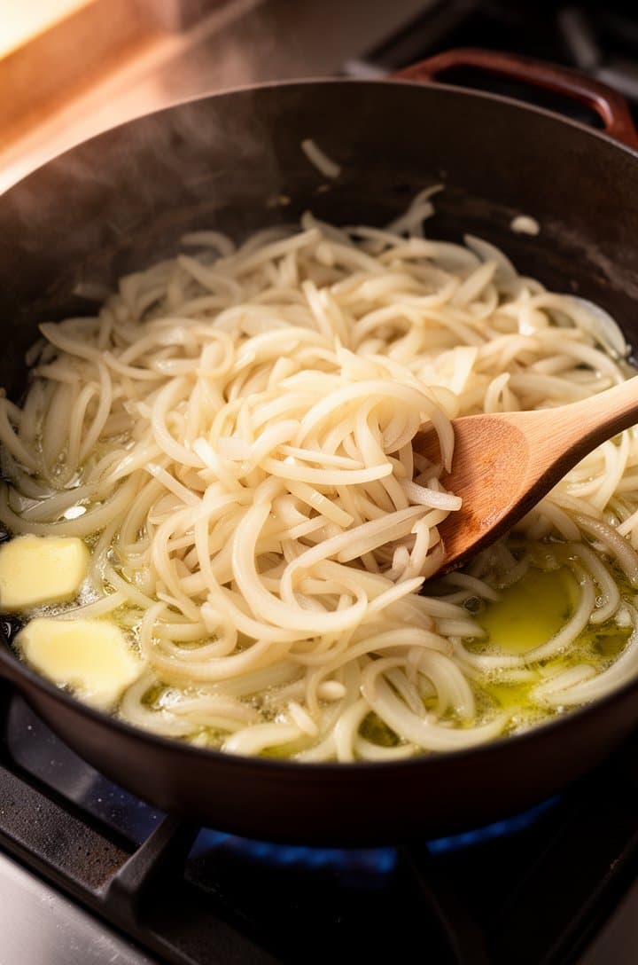 45-degree angle shot of sliced onions just added to a dark Dutch oven with melted butter and olive oil, the raw pale onion slices piled high and overflowing the pot, wooden spoon beginning to stir, warm kitchen lighting from the left, gas flame visible beneath