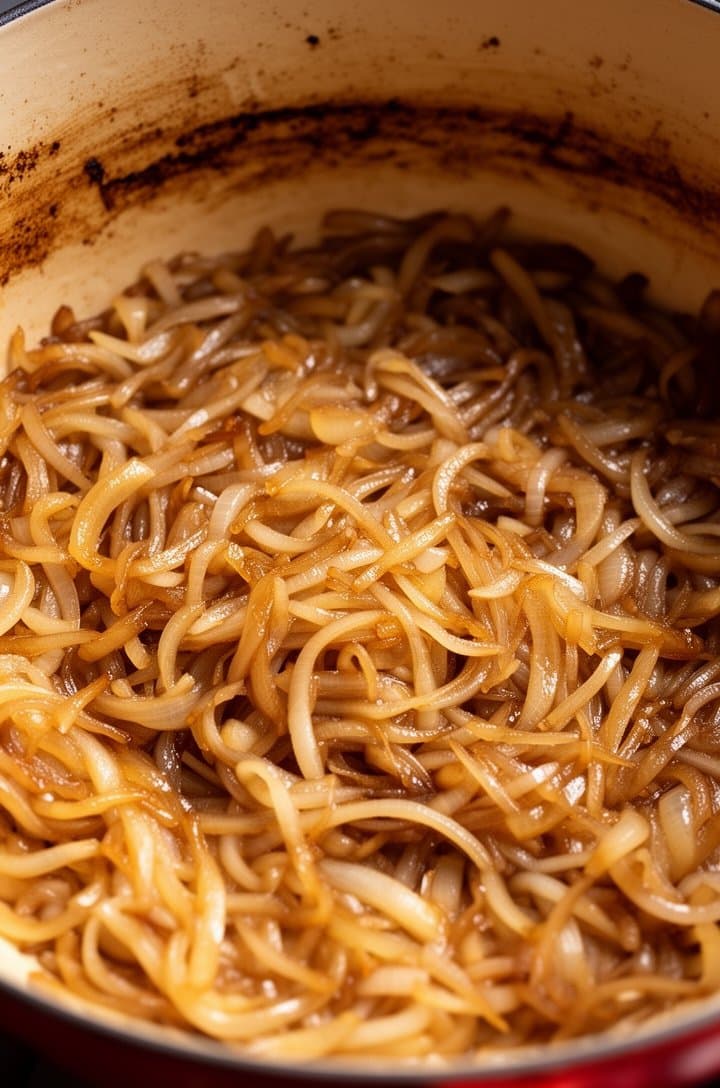 Close-up overhead of onions at the halfway point of caramelizing, about 15 minutes in, mix of pale gold and medium amber strands in the Dutch oven, noticeably reduced in volume, glistening with fat, some browning visible on the pot edges, warm side lighting