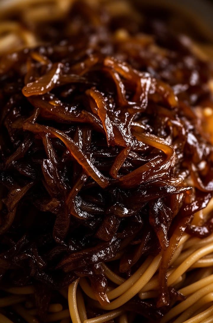 Extreme close-up of fully caramelized onions after 35 minutes, deep dark amber-brown sticky jam consistency, each strand soft and deeply colored, reduced to a fraction of the original volume, glistening with caramelized sugars, rich warm tones, moody dramatic lighting