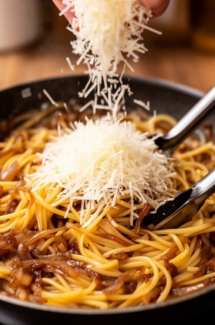 Overhead action shot of finely grated Parmesan being added in handfuls to the pot of linguine and caramelized onions, some cheese melting into glossy strands while a pile of fresh grated cheese sits on top waiting to be incorporated, tongs holding pasta, starchy sauce visible coating the noodles, warm kitchen lighting