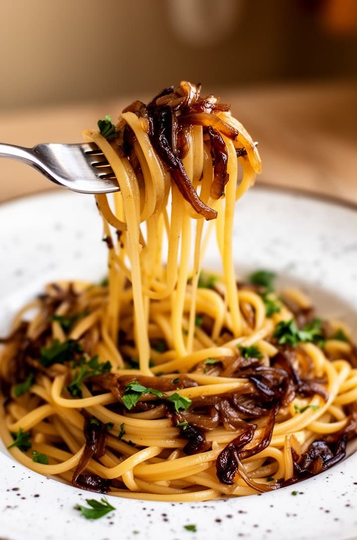 Close-up side angle of a fork twirling a bite of caramelized onion linguine, lifting the pasta from a white speckled plate, glossy Parmesan sauce stretching between the fork and plate, strands of deep brown caramelized onion clinging to the noodles, chopped parsley visible, shallow depth of field with the plate blurred in background, warm natural light
