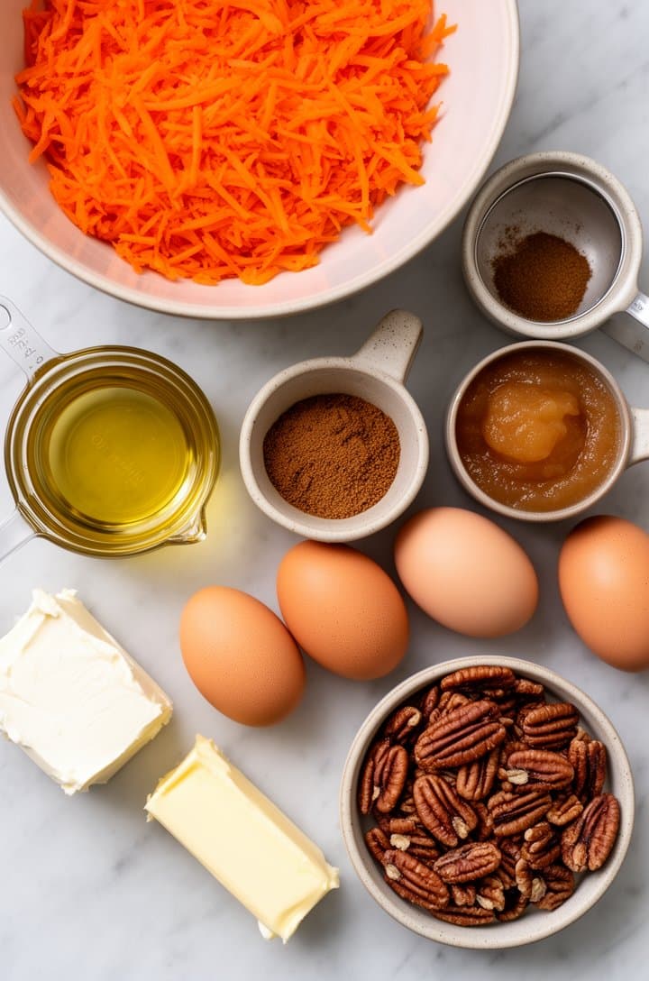 Overhead flat-lay of all carrot cake ingredients neatly arranged on a light marble surface: bowl of bright orange grated carrots, small ceramic bowls of cinnamon and nutmeg, measuring cups of oil and brown sugar, four whole eggs, a cup of applesauce, block of cream cheese, stick of butter, and a pile of chopped pecans, bright even natural lighting from above, clean minimalist food blog styling