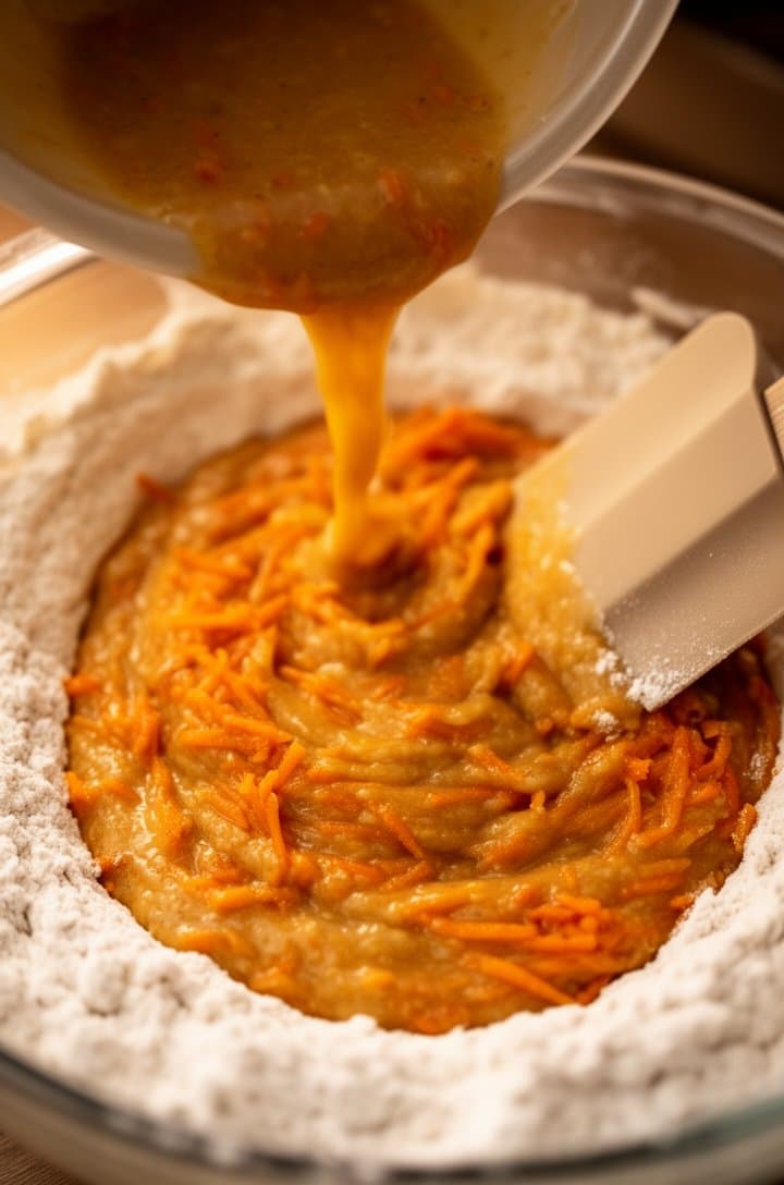 45-degree angle shot of wet ingredients being poured into the bowl of dry ingredients, showing the contrast between the golden-brown wet mixture with visible orange carrot shreds and the pale flour mixture, a rubber spatula beginning to fold them together, warm kitchen lighting from the left