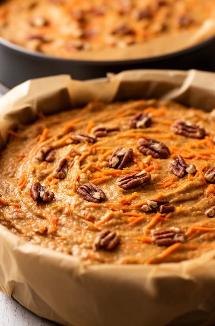 Side-angle close-up of thick carrot cake batter in a parchment-lined 9-inch round cake pan ready for the oven, showing the dense batter studded with orange carrot shreds and pecan pieces on the surface, warm even lighting, shallow depth of field with a second filled pan slightly blurred behind it